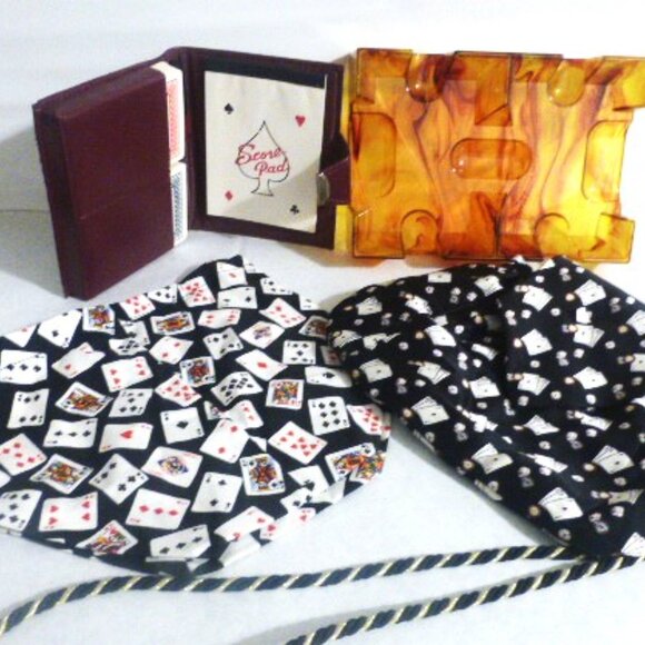 Vintage CARDS Card Deck Card Holder Card Tray Leather Case Silk Bag Bridge - Picture 1 of 11